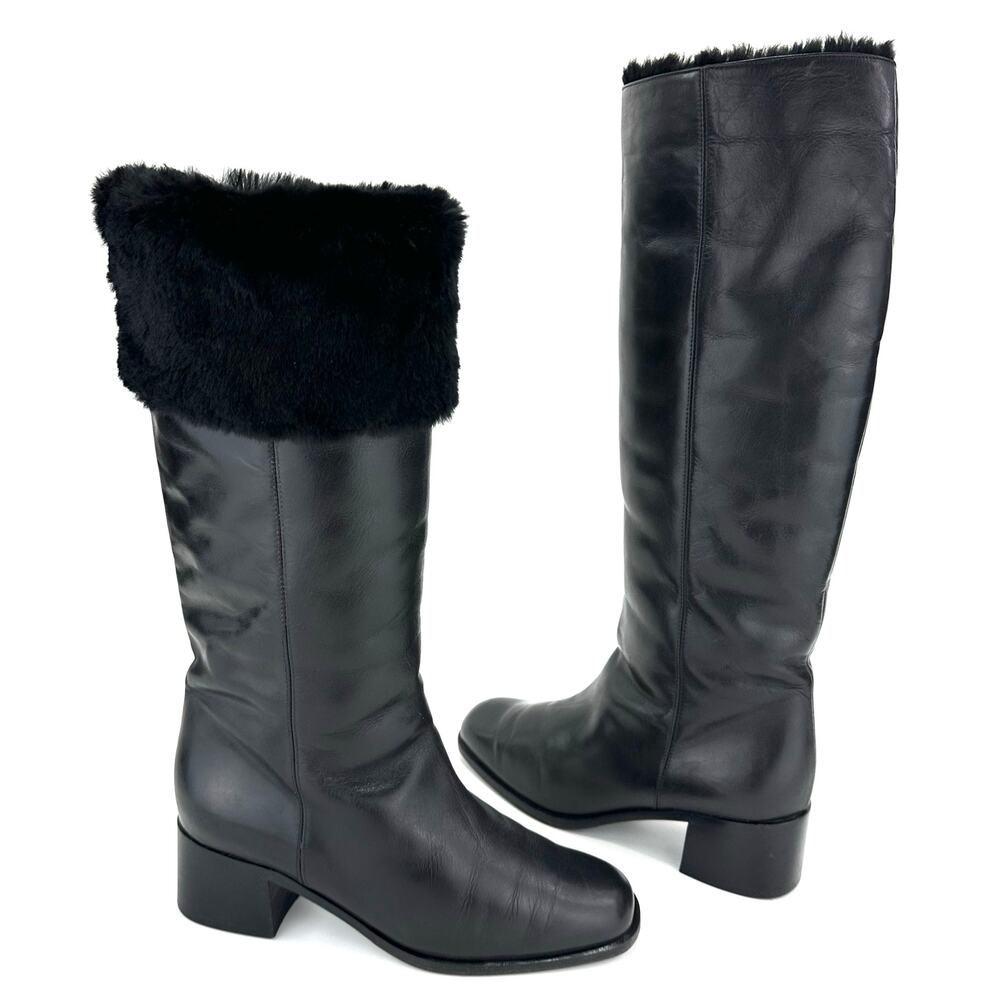 Bally Women Black Winter Knee High Boot Sz 36/5.5 Leather Foldable FurTrim Lined